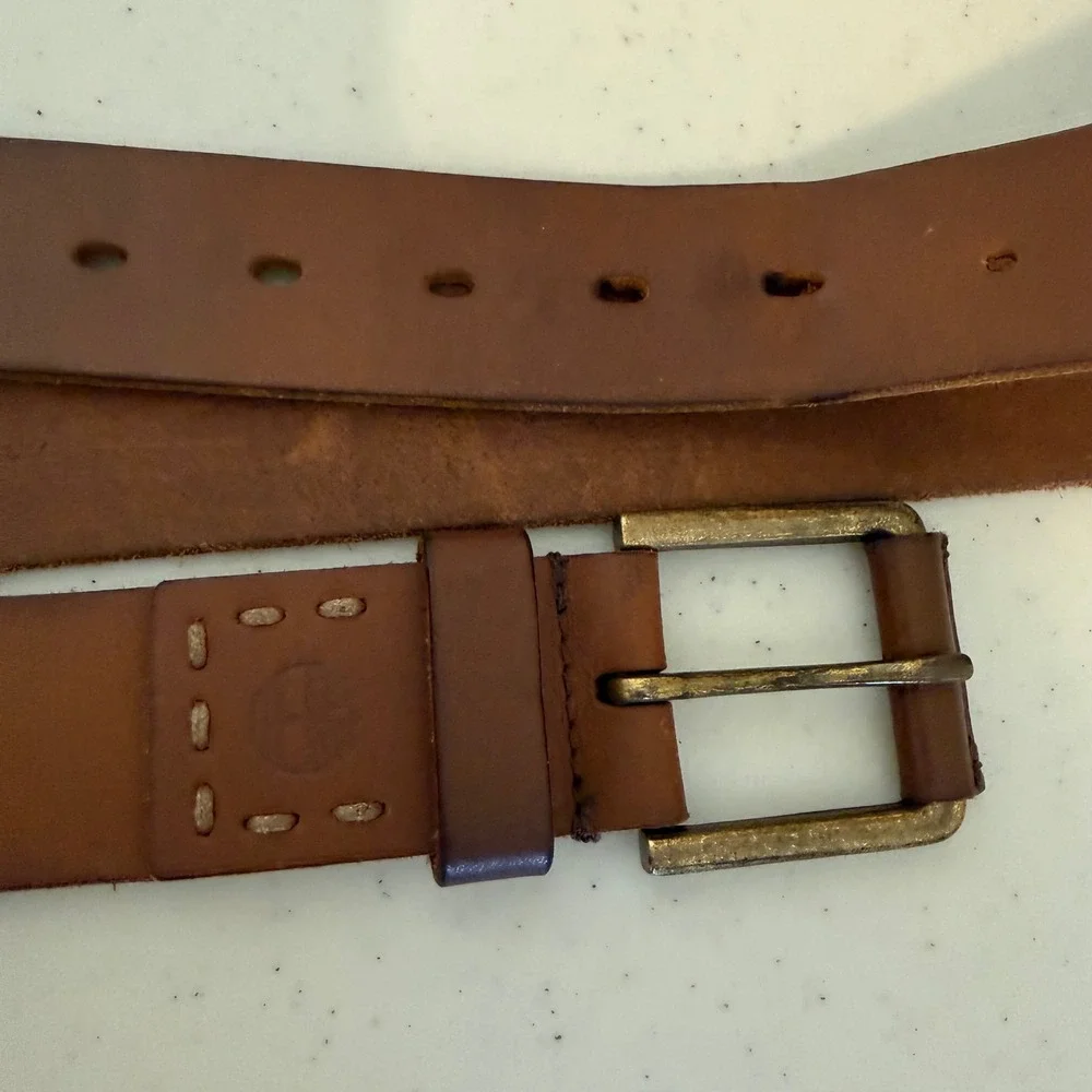 Timberland Mens Leather Belt 40 Brown Rugged Brass Buckle Casual Stitch Detail